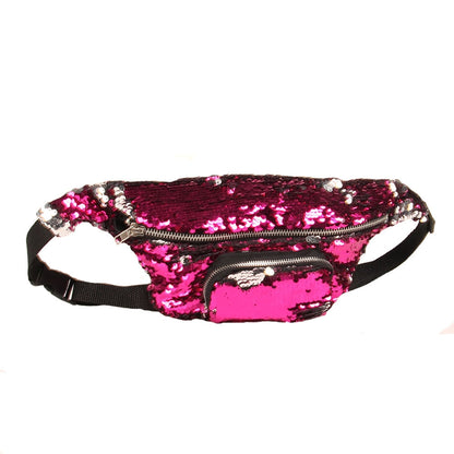 ELECTROPRIME Sequins Waist Bag Double Color Makeup Bag Mermaid Purses Chest Pack Women Girl Travelling Mobile Phone Bag(Rose Red)