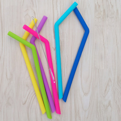 ELECTROPRIME 5pcs Food Grade Silicone Straws Cartoon Colorful Drink Tools with 1 Brush, Crude Bend Pipe, Length: 25cm, Outer Diameter: 7.8mm, Inner Diameter: 5mm, Random Color Delivery