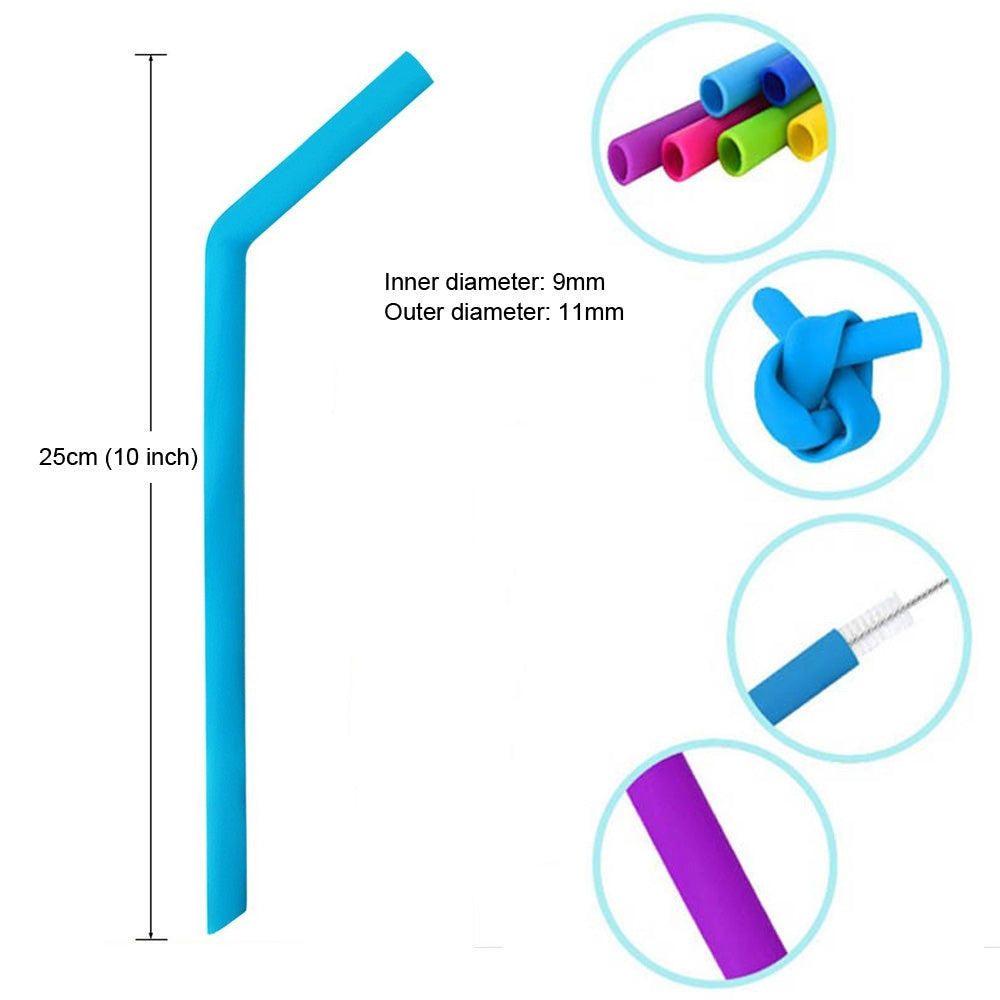 ELECTROPRIME 5pcs Food Grade Silicone Straws Cartoon Colorful Drink Tools with 1 Brush, Crude Bend Pipe, Length: 25cm, Outer Diameter: 7.8mm, Inner Diameter: 5mm, Random Color Delivery