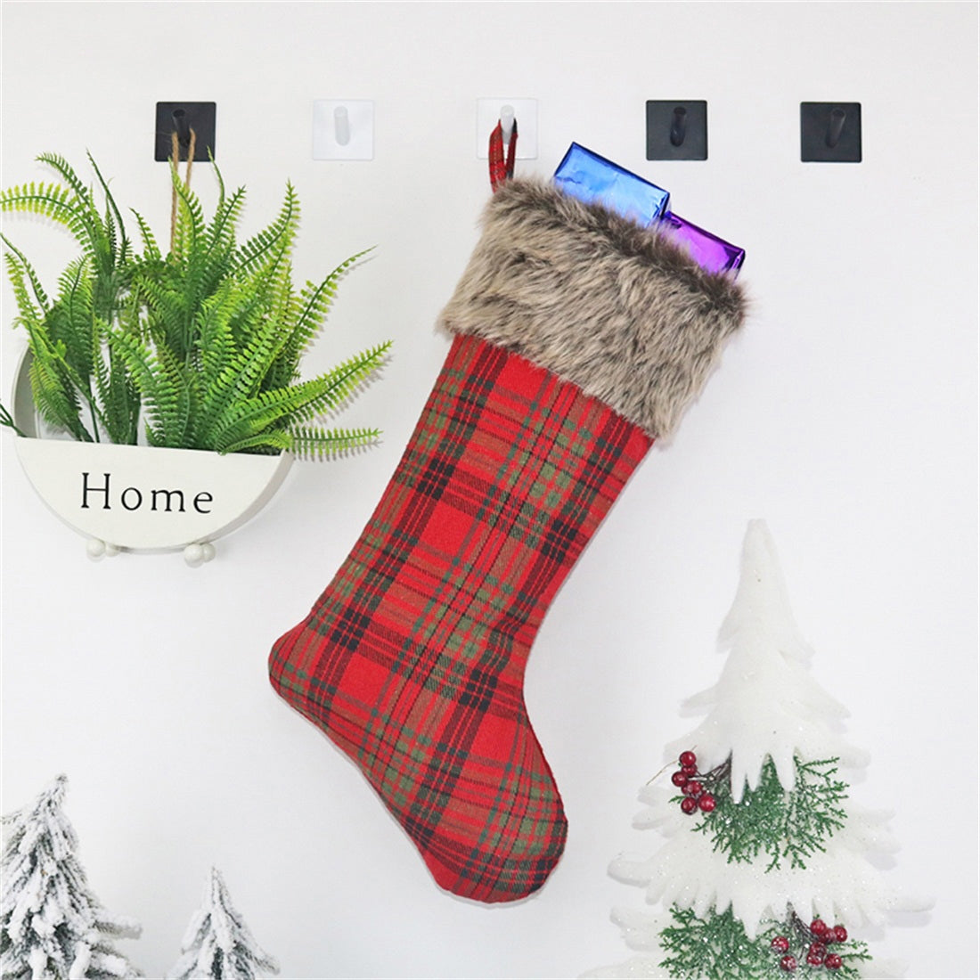 ELECTROPRIME CX20201 Christmas Grid Plush Sock Gift Bag Christmas Tree Pendant Decoration