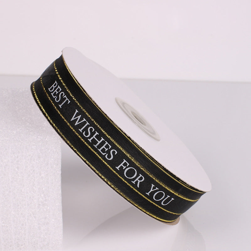 ELECTROPRIME English Letter Colored Printed Ribbons Phnom Penh Gift Bouquet Ribbons Bowknot Flowers Packaging Ribands , Size: 45m x 2.5cm(Black)