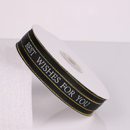 ELECTROPRIME English Letter Colored Printed Ribbons Phnom Penh Gift Bouquet Ribbons Bowknot Flowers Packaging Ribands , Size: 45m x 2.5cm(Black)