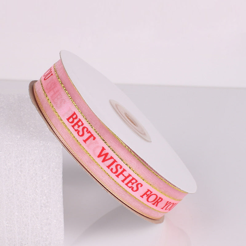 ELECTROPRIME English Letter Colored Printed Ribbons Phnom Penh Gift Bouquet Ribbons Bowknot Flowers Packaging Ribands , Size: 45m x 2.5cm(Pink)