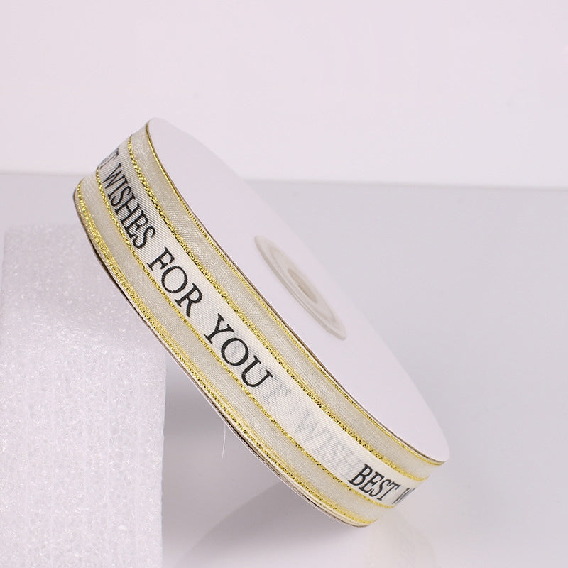ELECTROPRIME English Letter Colored Printed Ribbons Phnom Penh Gift Bouquet Ribbons Bowknot Flowers Packaging Ribands , Size: 45m x 2.5cm(White)