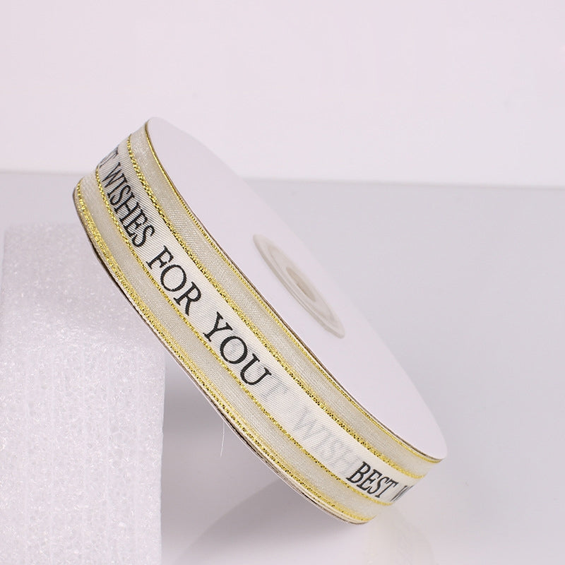 ELECTROPRIME English Letter Colored Printed Ribbons Phnom Penh Gift Bouquet Ribbons Bowknot Flowers Packaging Ribands , Size: 45m x 2.5cm(White)