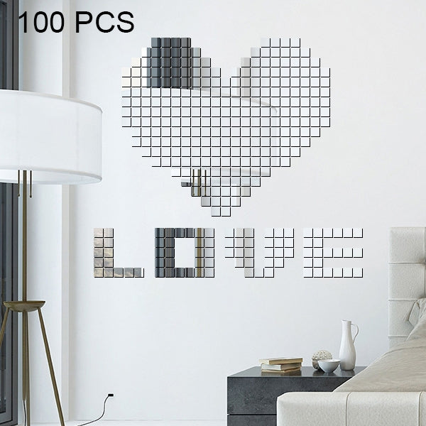 ELECTROPRIME 100 PCS Square Crystal Mosaic Mirror Acrylic Stereo Wall Stickers Creative Background Home Living Room Wall Sticker,Size:2*2cm(Silver)