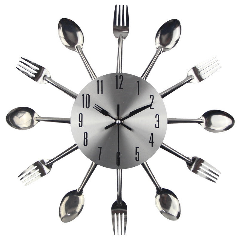 ELECTROPRIME Cutlery Metal Kitchen Wall Clock Spoon Fork Creative Quartz Wall Mounted Clocks Modern Design Decorative Horloge, Silver