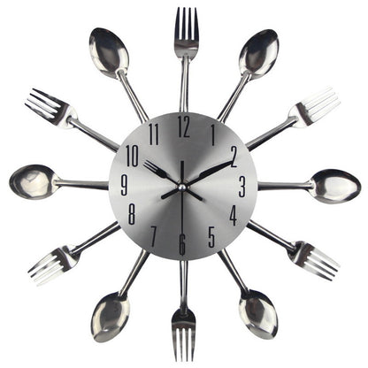 ELECTROPRIME Cutlery Metal Kitchen Wall Clock Spoon Fork Creative Quartz Wall Mounted Clocks Modern Design Decorative Horloge, Silver