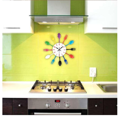 ELECTROPRIME Cutlery Metal Kitchen Wall Clock Spoon Fork Creative Quartz Wall Mounted Clocks Modern Design Decorative Horloge, Silver
