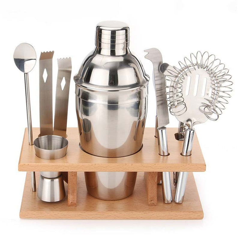 ELECTROPRIME 9 in 1 Stainless Steel Cocktail Shaker Tools Set with Wooden Mount, Capacity: 350ml