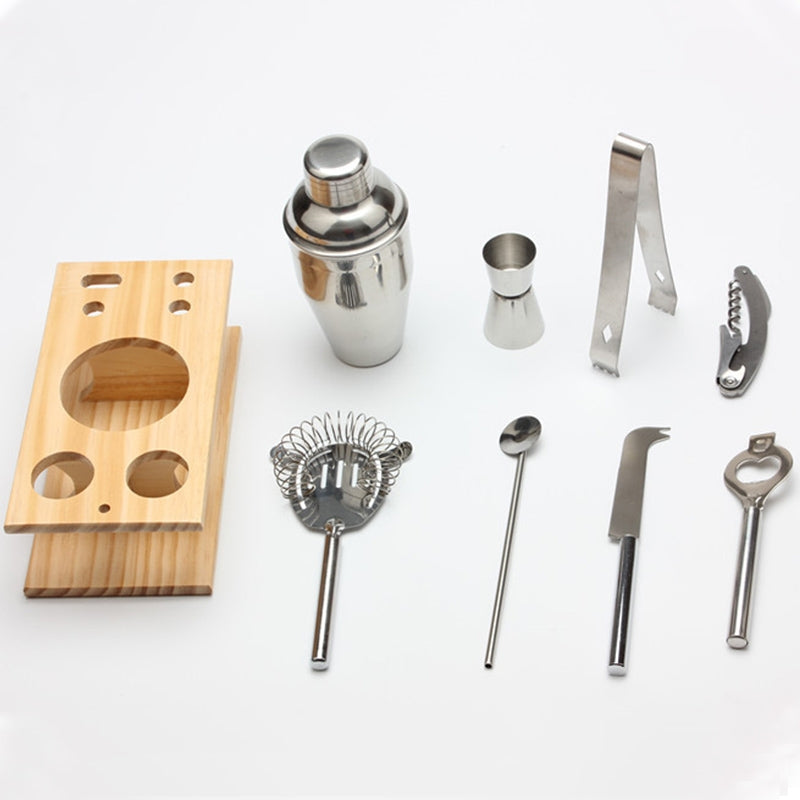 ELECTROPRIME 9 in 1 Stainless Steel Cocktail Shaker Tools Set with Wooden Mount, Capacity: 550ml
