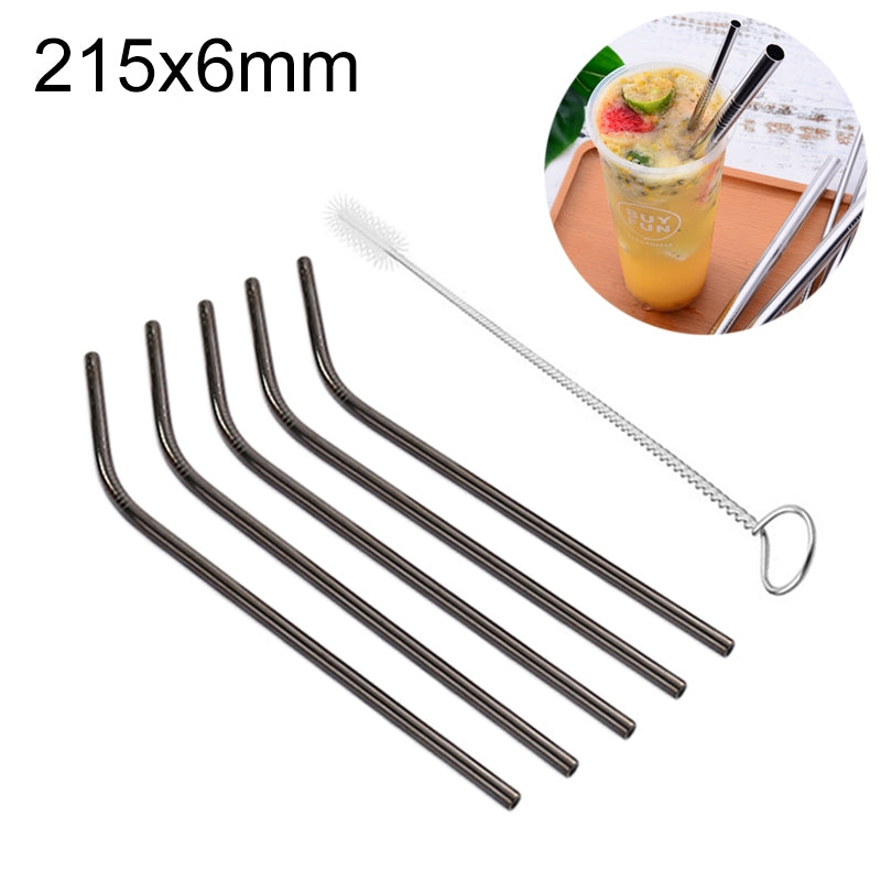 ELECTROPRIME 5pcs Reusable Stainless Steel Bent Drinking Straw + Cleaner Brush Set Kit,  215*6mm(Black)