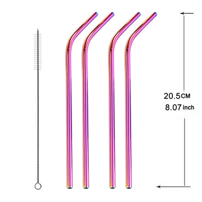 ELECTROPRIME 5pcs Reusable Stainless Steel Bent Drinking Straw + Cleaner Brush Set Kit,  215*6mm(Colour)