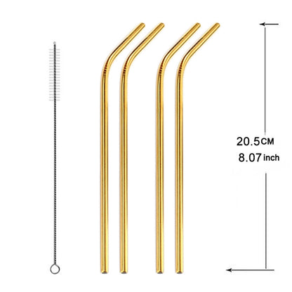 ELECTROPRIME 5pcs Reusable Stainless Steel Bent Drinking Straw + Cleaner Brush Set Kit,  215*6mm(Gold)