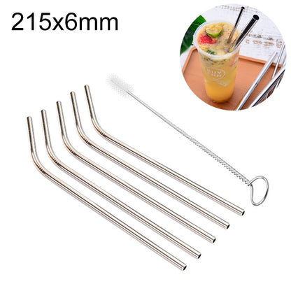 ELECTROPRIME 5pcs Reusable Stainless Steel Bent Drinking Straw + Cleaner Brush Set Kit,  215*6mm(Silver)