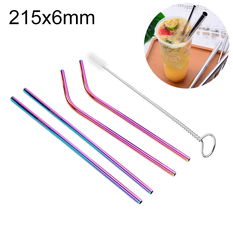 ELECTROPRIME 4pcs Reusable Stainless Steel Drinking Straw + Cleaner Brush Set Kit,  215*6mm(Colour)