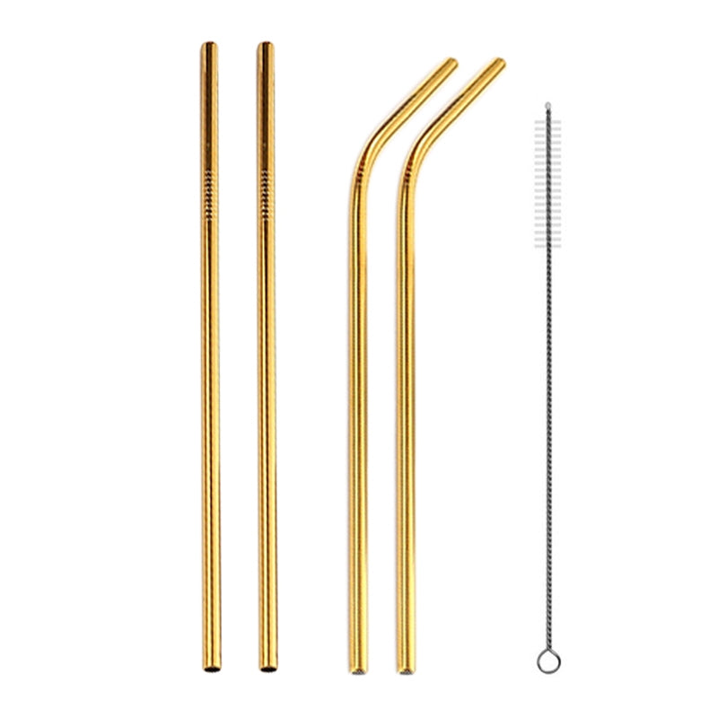 ELECTROPRIME 4pcs Reusable Stainless Steel Drinking Straw + Cleaner Brush Set Kit,  215*6mm(Gold)