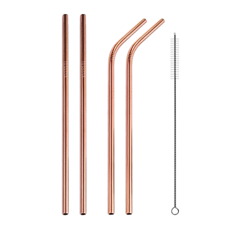 ELECTROPRIME 4pcs Reusable Stainless Steel Drinking Straw + Cleaner Brush Set Kit,  215*6mm(Rose Gold)