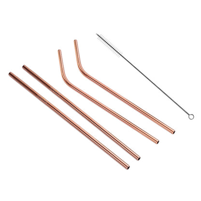 ELECTROPRIME 4pcs Reusable Stainless Steel Drinking Straw + Cleaner Brush Set Kit,  215*6mm(Rose Gold)