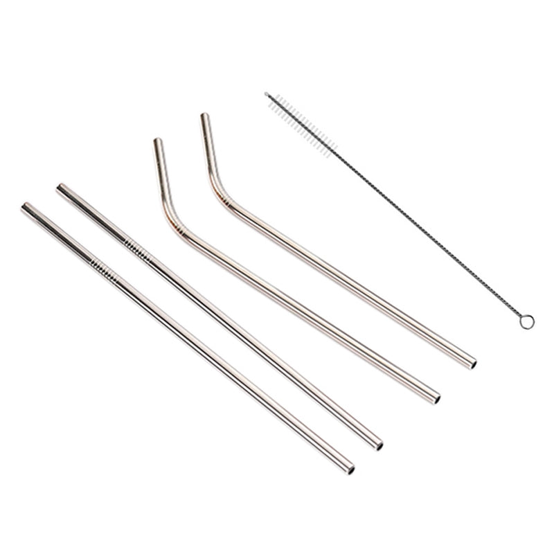 ELECTROPRIME 4pcs Reusable Stainless Steel Drinking Straw + Cleaner Brush Set Kit,  215*6mm(Silver)