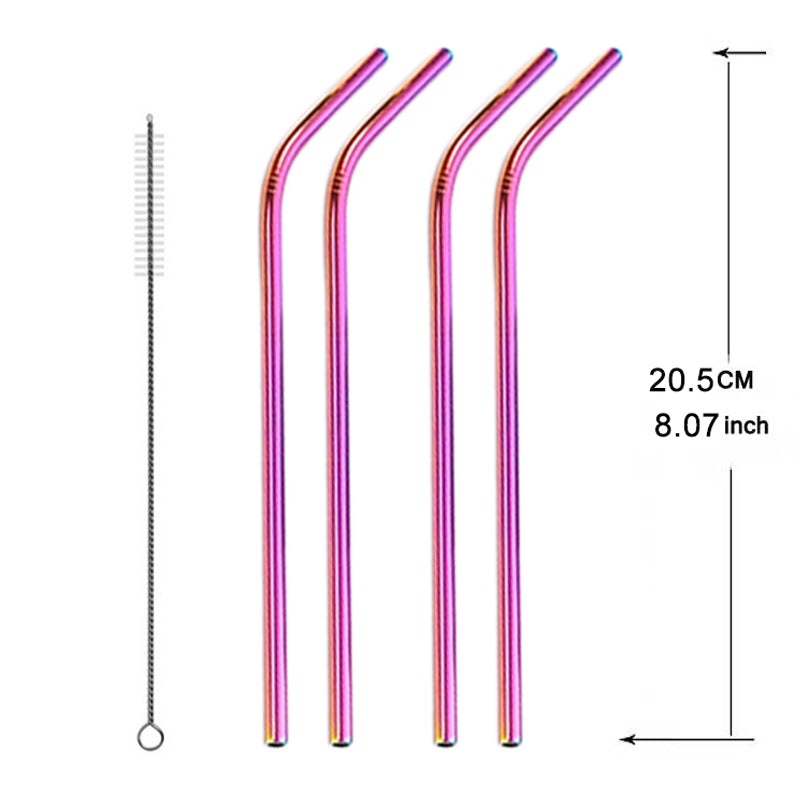 ELECTROPRIME 5pcs Reusable Stainless Steel Bent Drinking Straw + Cleaner Brush Set Kit,  215*8mm(Colour)