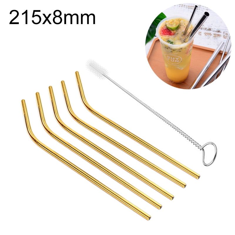 ELECTROPRIME 5pcs Reusable Stainless Steel Bent Drinking Straw + Cleaner Brush Set Kit,  215*8mm(Gold)