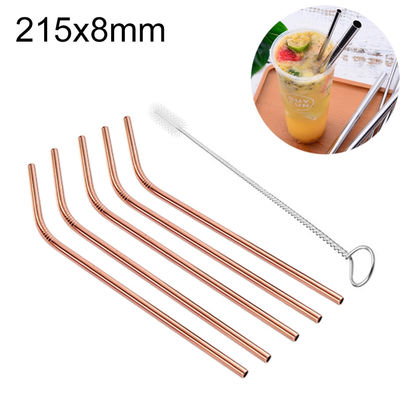 ELECTROPRIME 5pcs Reusable Stainless Steel Bent Drinking Straw + Cleaner Brush Set Kit,  215*8mm(Rose Gold)