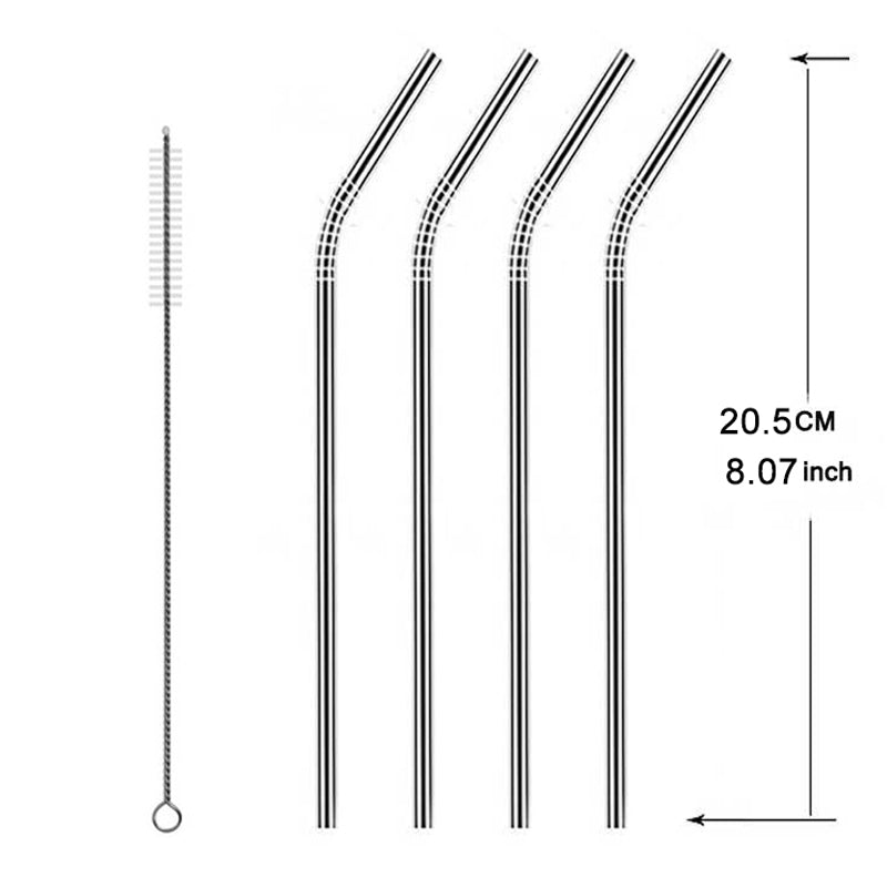 ELECTROPRIME 5pcs Reusable Stainless Steel Bent Drinking Straw + Cleaner Brush Set Kit,  215*8mm(Silver)