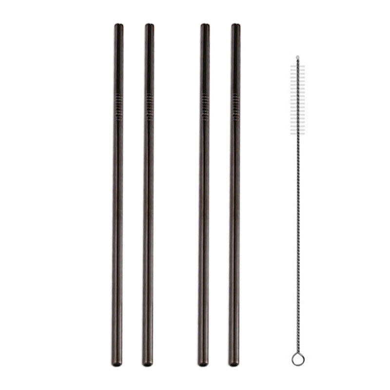 ELECTROPRIME 5pcs Reusable Stainless Steel Straight Drinking Straw + Cleaner Brush Set Kit,  215*8mm(Black)