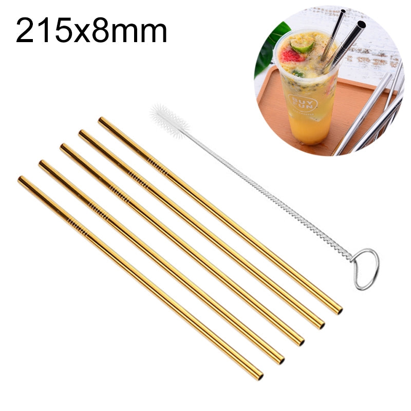 ELECTROPRIME 5pcs Reusable Stainless Steel Straight Drinking Straw + Cleaner Brush Set Kit,  215*8mm(Gold)