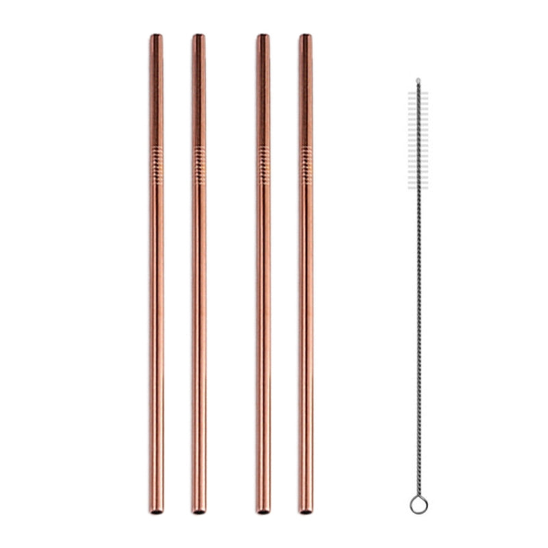 ELECTROPRIME 5pcs Reusable Stainless Steel Straight Drinking Straw + Cleaner Brush Set Kit,  215*8mm(Rose Gold)