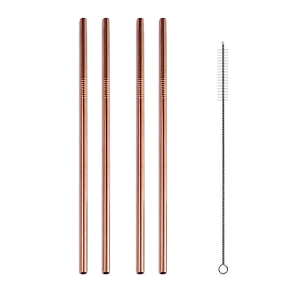 ELECTROPRIME 5pcs Reusable Stainless Steel Straight Drinking Straw + Cleaner Brush Set Kit,  215*8mm(Rose Gold)