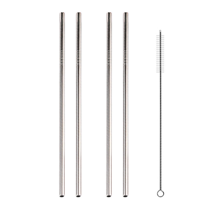ELECTROPRIME 5pcs Reusable Stainless Steel Straight Drinking Straw + Cleaner Brush Set Kit,  215*8mm(Silver)