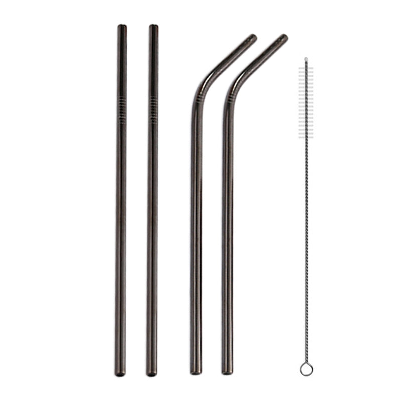 ELECTROPRIME 4pcs Reusable Stainless Steel Drinking Straw + Cleaner Brush Set Kit,  215*8mm(Black)
