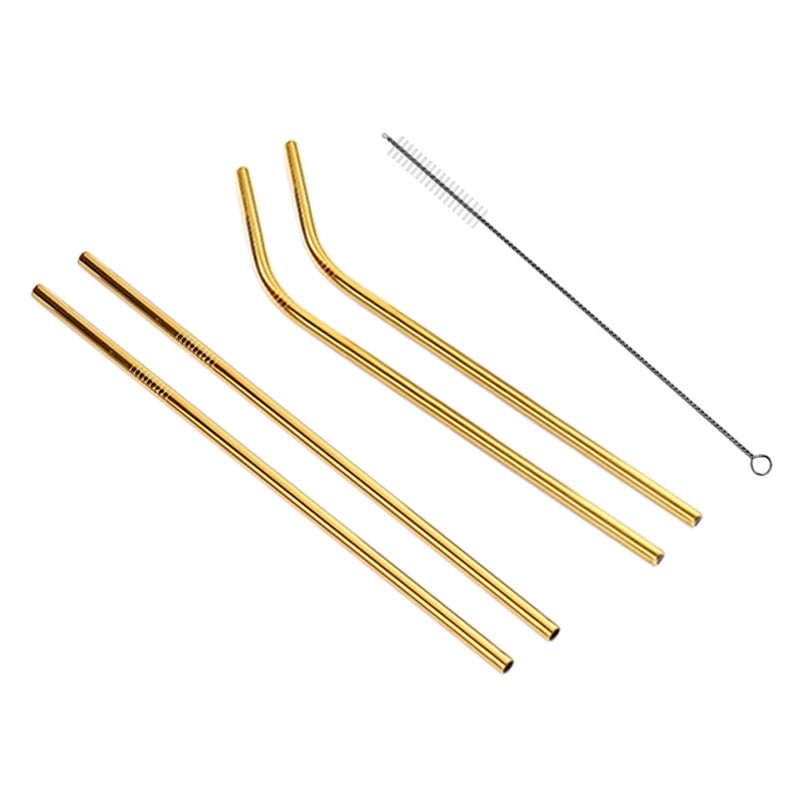 ELECTROPRIME 4pcs Reusable Stainless Steel Drinking Straw + Cleaner Brush Set Kit,  215*8mm(Gold)