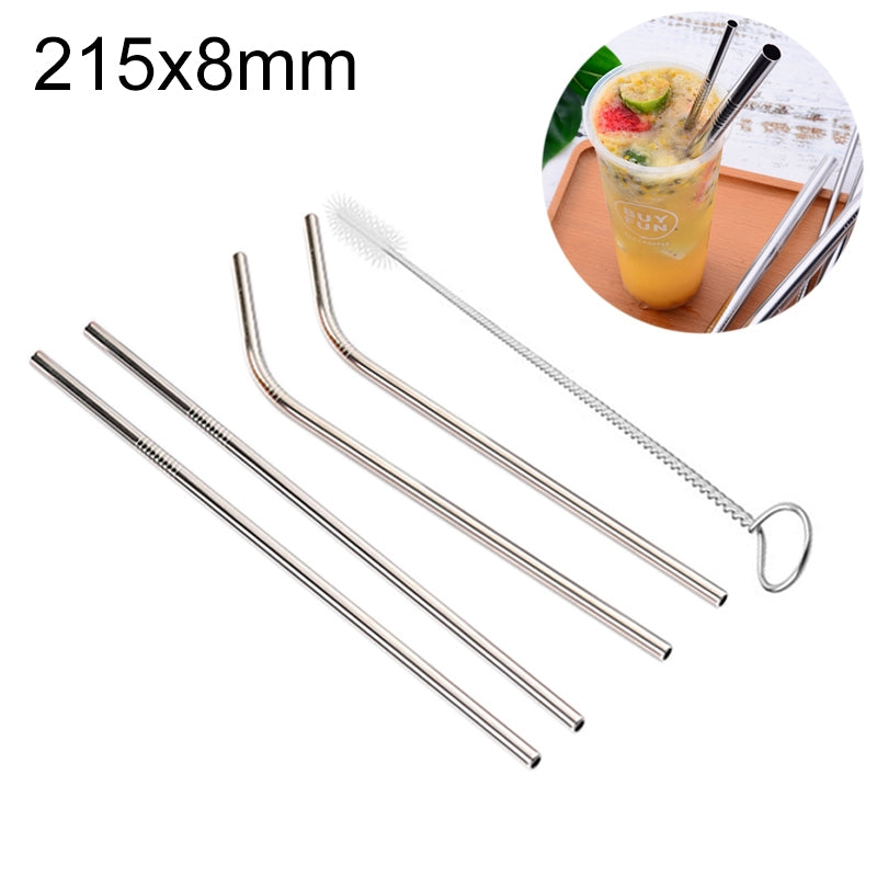 ELECTROPRIME 4pcs Reusable Stainless Steel Drinking Straw + Cleaner Brush Set Kit,  215*8mm(Silver)
