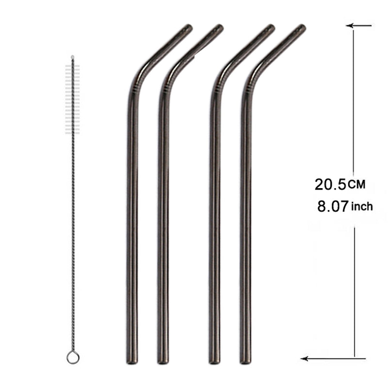 ELECTROPRIME 5pcs Reusable Stainless Steel Bent Drinking Straw + Cleaner Brush Set Kit,  266*6mm(Black)