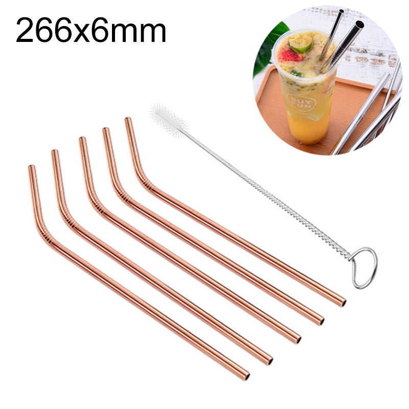 ELECTROPRIME 5pcs Reusable Stainless Steel Bent Drinking Straw + Cleaner Brush Set Kit,  266*6mm(Rose Gold)