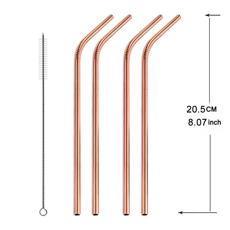 ELECTROPRIME 5pcs Reusable Stainless Steel Bent Drinking Straw + Cleaner Brush Set Kit,  266*6mm(Rose Gold)