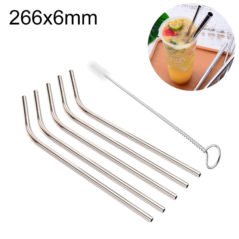 ELECTROPRIME 5pcs Reusable Stainless Steel Bent Drinking Straw + Cleaner Brush Set Kit,  266*6mm(Silver)