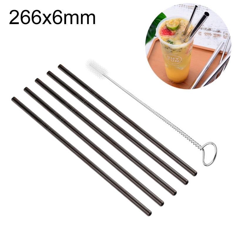 ELECTROPRIME 5pcs Reusable Stainless Steel Straight Drinking Straw + Cleaner Brush Set Kit,  266*6mm(Black)