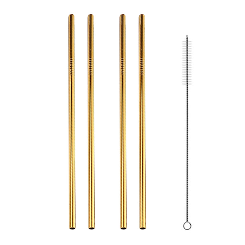 ELECTROPRIME 5pcs Reusable Stainless Steel Straight Drinking Straw + Cleaner Brush Set Kit,  266*6mm(Gold)