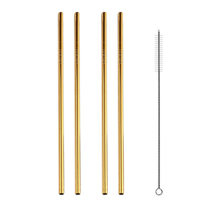 ELECTROPRIME 5pcs Reusable Stainless Steel Straight Drinking Straw + Cleaner Brush Set Kit,  266*6mm(Gold)