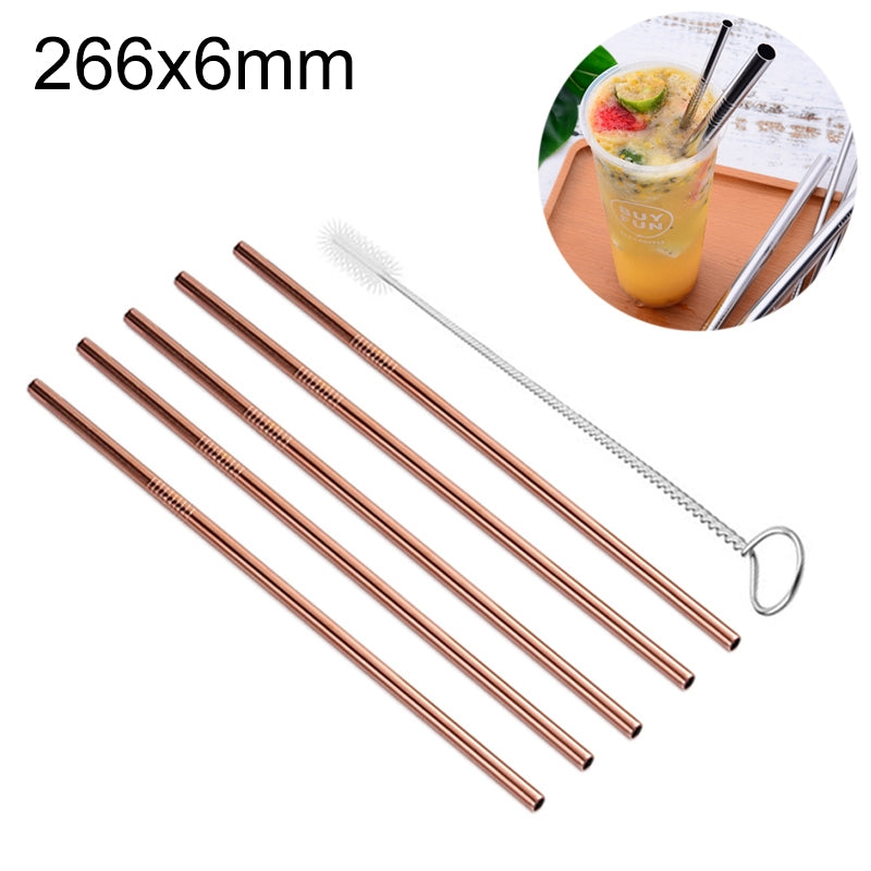 ELECTROPRIME 5pcs Reusable Stainless Steel Straight Drinking Straw + Cleaner Brush Set Kit,  266*6mm(Rose Gold)