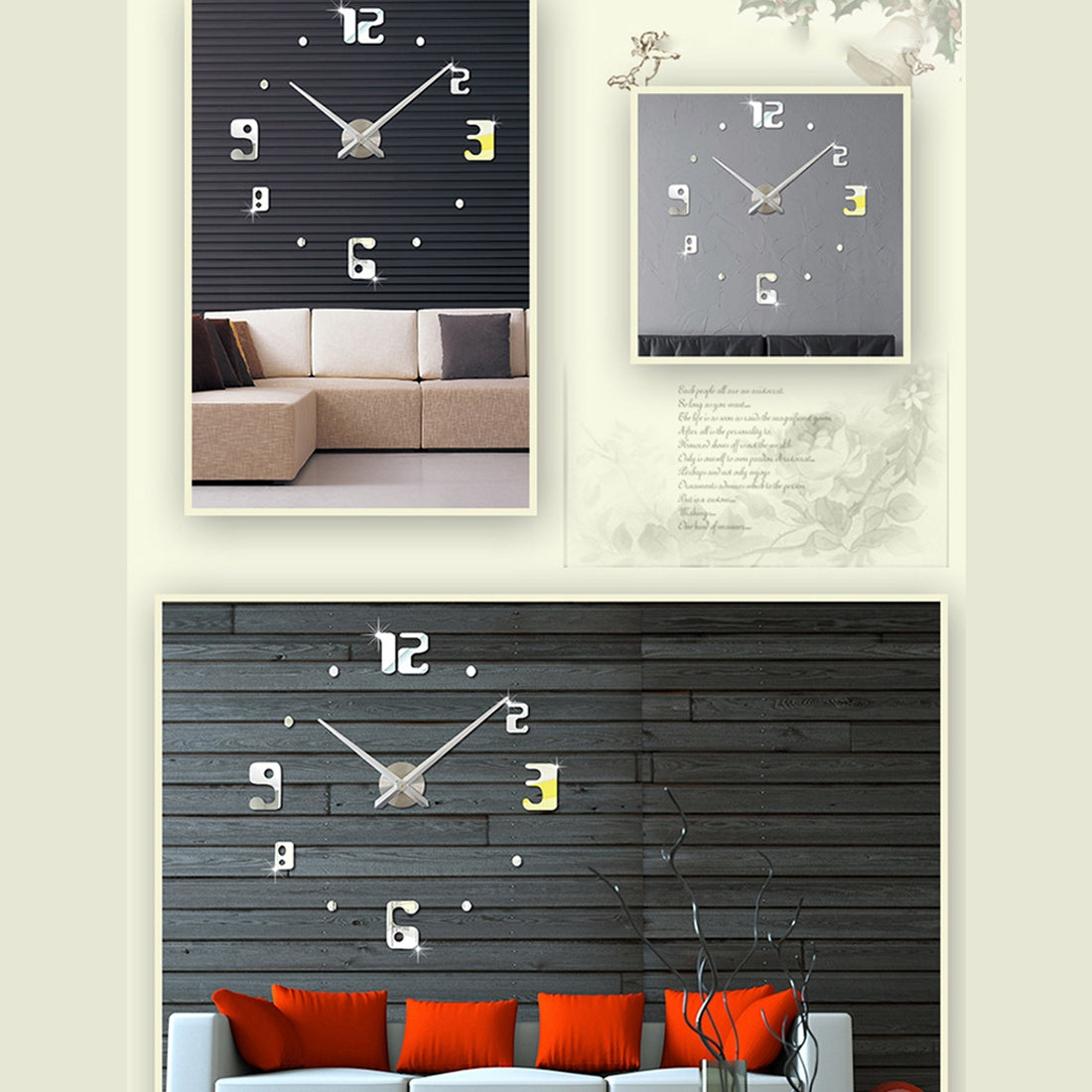 ELECTROPRIME Bedroom Home Decor Frameless Large Number 3D Mirror DIY Wall Sticker Mute Clock, Size: 100*100cm(Silver)