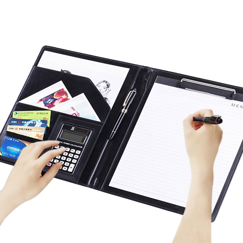ELECTROPRIME Office Supplies Business Style Leather Document Folder with 30-pages A4 Note Pad & Calculator (Black)
