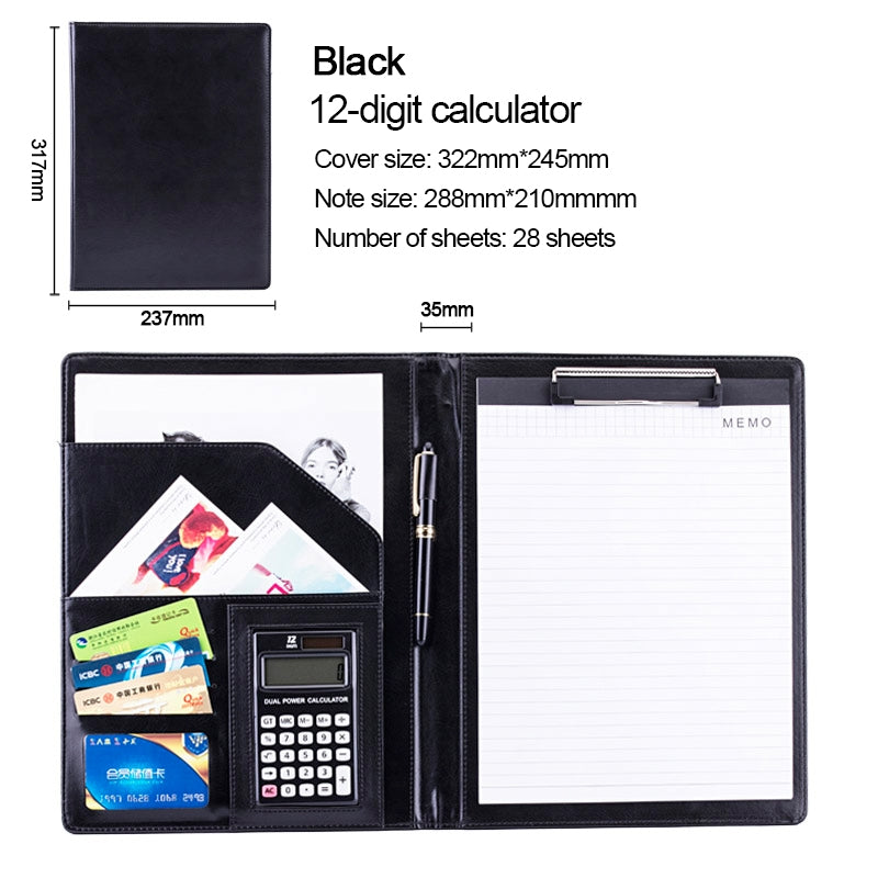 ELECTROPRIME Office Supplies Business Style Leather Document Folder with 30-pages A4 Note Pad & Calculator (Black)