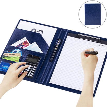 ELECTROPRIME Office Supplies Business Style Leather Document Folder with 30-pages A4 Note Pad & Calculator (Blue)