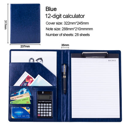 ELECTROPRIME Office Supplies Business Style Leather Document Folder with 30-pages A4 Note Pad & Calculator (Blue)