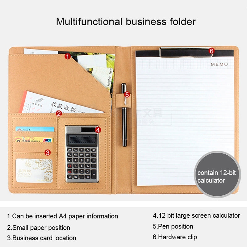 ELECTROPRIME Office Supplies Business Style Leather Document Folder with 30-pages A4 Note Pad & Calculator (Blue)